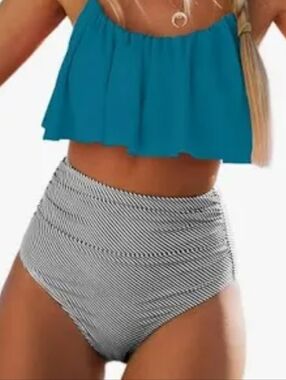 Cupshe Teal Ruffle Bikini Top with Black & White Striped High Waist Bottoms Sm.